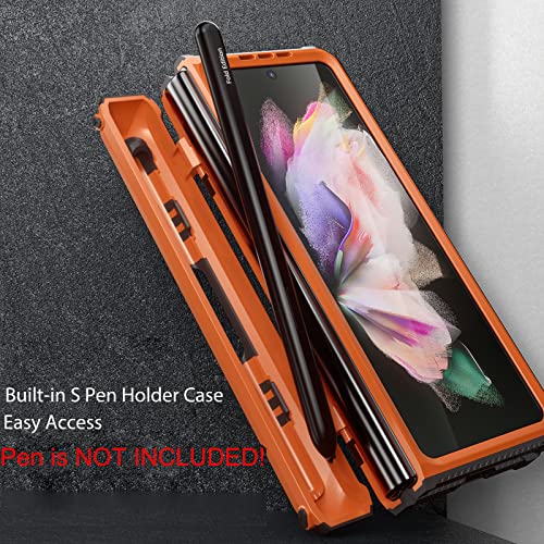 FONREST Rugged Case Armor for Samsung-Galaxy-Z-Fold-3 w/Built-in [Kickstand] [S Pen Holder] [Screen Protector] [Hinge Protection], Heavy Duty Shockproof Protective Cover NOT FIT Z Fold4/2 (Orange)