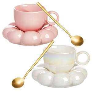 2 pieces ceramic cloud mug cute cup with sunflower coaster 7oz cute ceramic coffee mug with saucer set for office home coffee tea latte milk, pink and pearl white