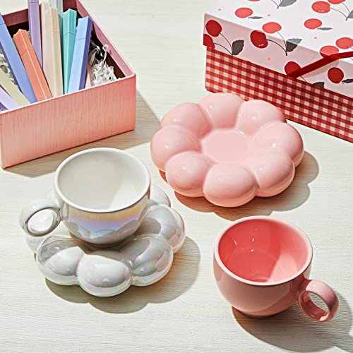 2 Pieces Ceramic Cloud Mug Cute Cup with Sunflower Coaster 7oz Cute Ceramic Coffee Mug with Saucer Set for Office Home Coffee Tea Latte Milk, Pink and Pearl White