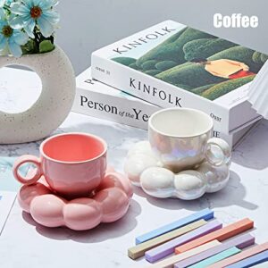 2 Pieces Ceramic Cloud Mug Cute Cup with Sunflower Coaster 7oz Cute Ceramic Coffee Mug with Saucer Set for Office Home Coffee Tea Latte Milk, Pink and Pearl White