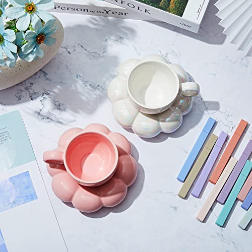 2 Pieces Ceramic Cloud Mug Cute Cup with Sunflower Coaster 7oz Cute Ceramic Coffee Mug with Saucer Set for Office Home Coffee Tea Latte Milk, Pink and Pearl White