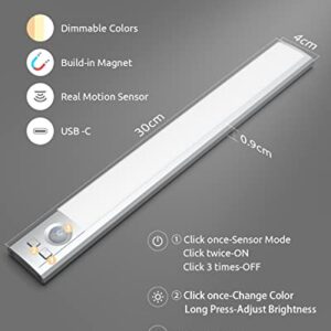 Pluralla Closet Light Rechargeable, 41 LED Under Cabinet Light with Motion Sensor, Magnetic Wireless Light Fixtures, 3 Colors Dimmable Under Counter Night Light for Kitchen/Wardrobe/Stairway - 2 Pack