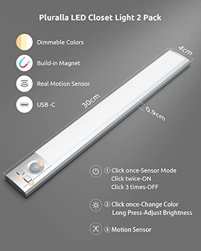 Pluralla Closet Light Rechargeable, 41 LED Under Cabinet Light with Motion Sensor, Magnetic Wireless Light Fixtures, 3 Colors Dimmable Under Counter Night Light for Kitchen/Wardrobe/Stairway - 2 Pack