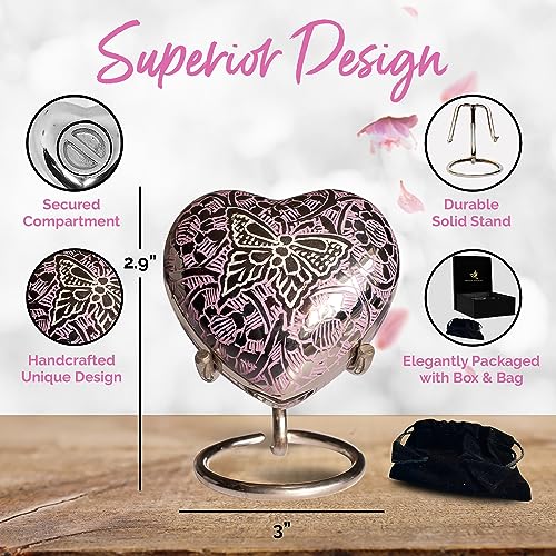 Butterfly Heart Urn - Purple Heart Keepsake Urn for Human Ashes with Stand & Box - Purple Butterfly Urn - Honor Your Loved One with Mini Purple Urn Heart Shaped - Small Urn for Female & Infants