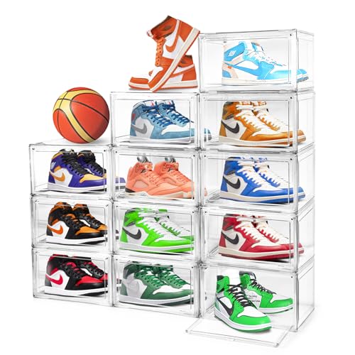 EDS FAM 10 Pack Shoe Storage Box Clear Plastic Crates Stackable Acrylic with Magnetic Door Storage for Sneakerheads Boot Display Case