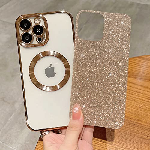 MGQILING Compatible with iPhone 12 Pro Max Magnetic Glitter Case, Luxury Plating Cute Bling Clear Phone Case, Compatible with MagSafe for Women Girls with Camera Protector Back Cover - Gold