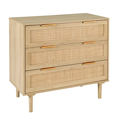 HOPUBUY 3 Drawer Dresser for Bedroom, Rattan Modern Closet Dressers Chest of Drawers, Wood Oak Storage Chest for Kids Bedroom, Hallway, Living Room