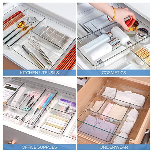 Ravinte 13 PCS Drawer Organizer Plastic Storage Bins, 5 - Size Kitchen Drawer Organizer with Non-Slip Pads Clear Desk Storage Tray for Makeup, Jewelries, Kitchen Utensils and Office