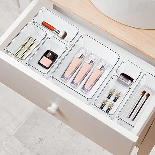 Ravinte 13 PCS Drawer Organizer Plastic Storage Bins, 5 - Size Kitchen Drawer Organizer with Non-Slip Pads Clear Desk Storage Tray for Makeup, Jewelries, Kitchen Utensils and Office