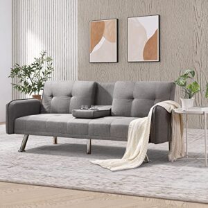 soarflash twin size convertible futon sofa bed modern loveseat sofa for living room,bedroom upholstery fabric sleeper with armrest and 2 cup holder,light grey