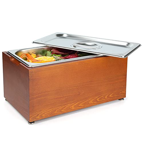 Kitchen Countertop Pine Wood Compost Bin, Stainless Steel Smell Proof Anti-Rust Insert with Lid and Pine Wood Box - 1.6 Gal (Brown)