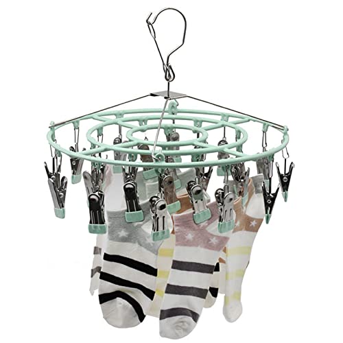 Decohomeforu Stainless Steel Clothes Sock Drying Rack with 24 Clips, Swivel Hook Windproof Clothes Hanger Rack for Sock, Bras, Towel, Underwear, Hat, Scarf, Gloves, Pants Laundry Clothes (Green Clips)