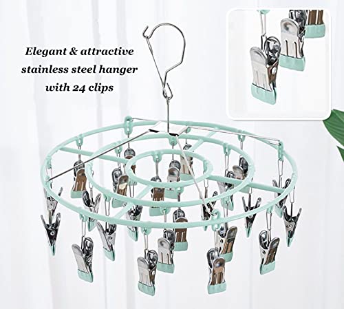 Decohomeforu Stainless Steel Clothes Sock Drying Rack with 24 Clips, Swivel Hook Windproof Clothes Hanger Rack for Sock, Bras, Towel, Underwear, Hat, Scarf, Gloves, Pants Laundry Clothes (Green Clips)