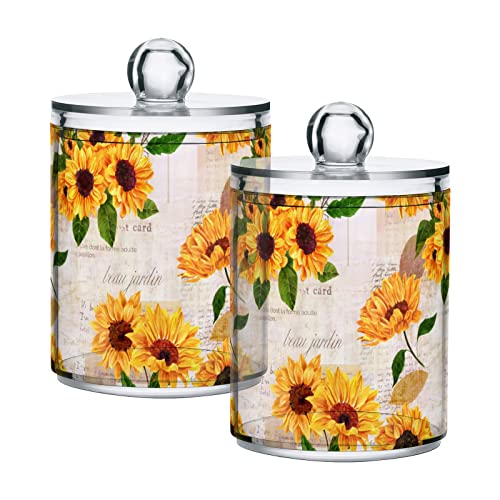 xigua 2 Pack Sunflower Qtip Holder Dispenser with Lids 14 oz Bathroom Storage Organizer Set,Clear Apothecary Jars Food Storage Containers for Tea,Coffee,Cotton Ball,Cotton Swab,Floss