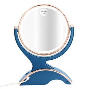 snowflakes makeup mirror with lights and magnification- 1x/10x double sided 360 degree vanity magnification mirror light dual power.(blue)