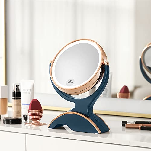 Snowflakes Makeup Mirror with Lights and Magnification- 1x/10x Double Sided 360 Degree Vanity Magnification Mirror Light Dual Power.(Blue)