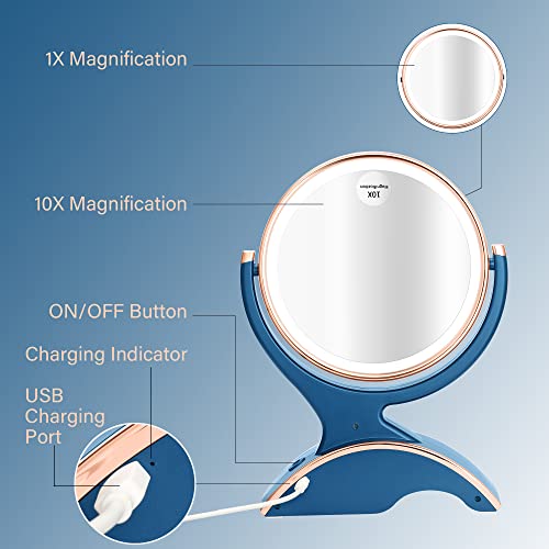 Snowflakes Makeup Mirror with Lights and Magnification- 1x/10x Double Sided 360 Degree Vanity Magnification Mirror Light Dual Power.(Blue)