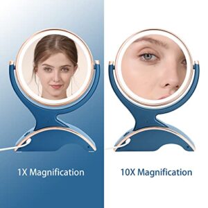 Snowflakes Makeup Mirror with Lights and Magnification- 1x/10x Double Sided 360 Degree Vanity Magnification Mirror Light Dual Power.(Blue)