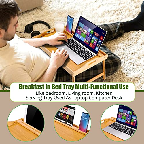 Bamboo Breakfast Bed Table with Legs 20 Inch Lap Trays for Adults Eating,Removable Media Slot Food Trays for Eat on Bed Trays for Adults