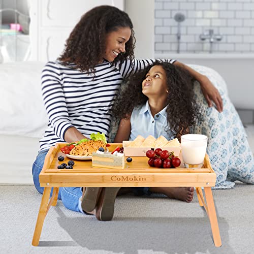 Bamboo Breakfast Bed Table with Legs 20 Inch Lap Trays for Adults Eating,Removable Media Slot Food Trays for Eat on Bed Trays for Adults