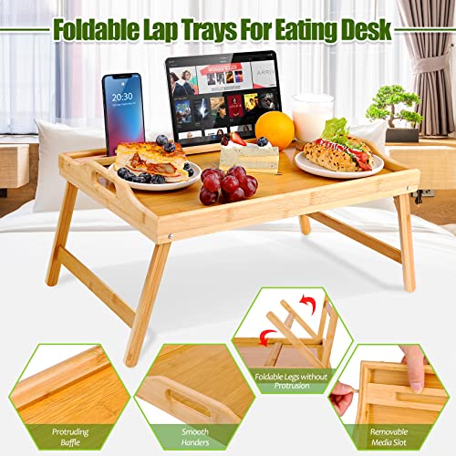 Bamboo Breakfast Bed Table with Legs 20 Inch Lap Trays for Adults Eating,Removable Media Slot Food Trays for Eat on Bed Trays for Adults