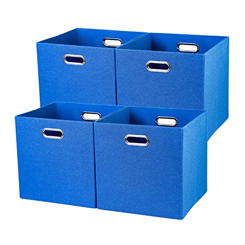 Jermichoc 13x13 Cube Storage Basket Blue Foldable Square Storage Organizer Bins with Dual Metal Handles Decorative for Home Closet Shelf Cabinet Wardrobes, 4 Pack