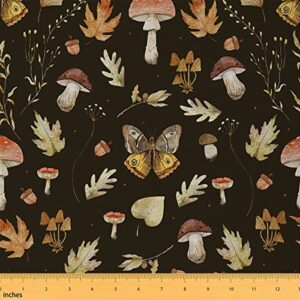 moth decorative fabric by the yard cartoon mushroom leaves farmhouse plants indoor outdoor upholstery fabric gothic style waterproof fabric for quilting clothing sewing diy craft,1 yard
