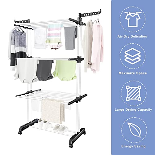 Clothes Drying Rack, 4-Tier Oversize Collapsible Clothes Drying Rack,Stainless Steel Laundry Garment Dryer Stand Stainless Steel Free-Standing Laundry Stand for Towels, Clothes, Shoes, Black & White