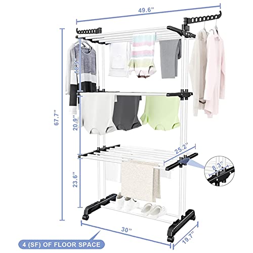 Clothes Drying Rack, 4-Tier Oversize Collapsible Clothes Drying Rack,Stainless Steel Laundry Garment Dryer Stand Stainless Steel Free-Standing Laundry Stand for Towels, Clothes, Shoes, Black & White