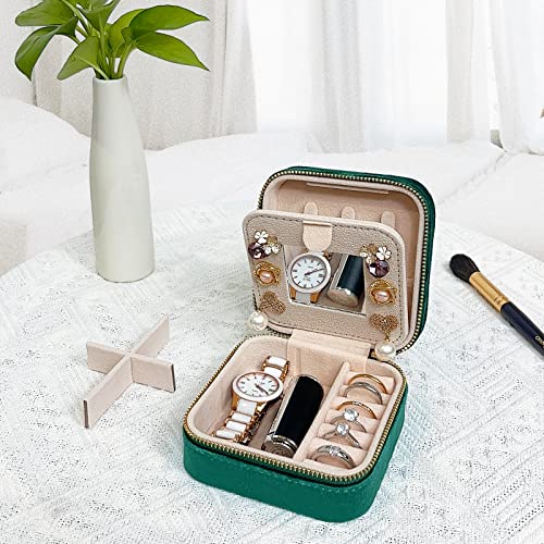 Soddeph Velvet Jewelry Box with Mirror,Mini Travel Jewelry Case, Plush Jewelry Travel Case, Small Portable Travel Jewelry Organizer, Gift for Women Girls (Emerald)