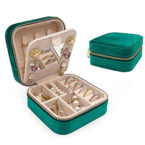 Soddeph Velvet Jewelry Box with Mirror,Mini Travel Jewelry Case, Plush Jewelry Travel Case, Small Portable Travel Jewelry Organizer, Gift for Women Girls (Emerald)