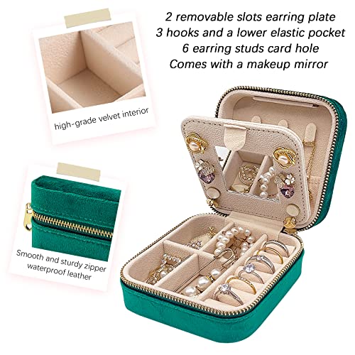 Soddeph Velvet Jewelry Box with Mirror,Mini Travel Jewelry Case, Plush Jewelry Travel Case, Small Portable Travel Jewelry Organizer, Gift for Women Girls (Emerald)
