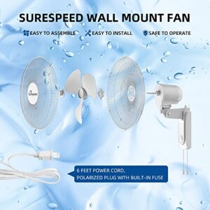 Wall Mount Fan, Quiet Wall Fan 16'' 3-Speed, Supports 90° Oscillating and 60° Vertical Tilt, 6 FT Power Cord, ETL Listed, Helps Circulate Air in Bedroom, Kitchen, Bathroom, Gym, Camper and Patio