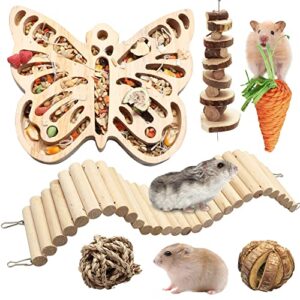kakunm hamster toys 6pcs | guinea pig foraging toys | wooden bridge | grass carrot toy | molar string | grass balls | watermelon ball for hamster, guinea pigs, chinchillas, rabbit