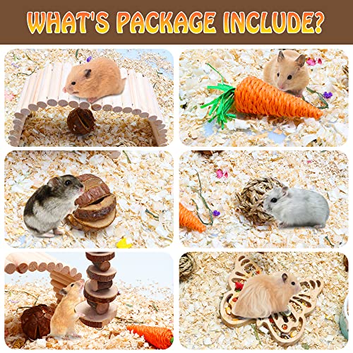 KAKUNM Hamster Toys 6Pcs | Guinea Pig Foraging Toys | Wooden Bridge | Grass Carrot Toy | Molar String | Grass Balls | Watermelon Ball for Hamster, Guinea Pigs, Chinchillas, Rabbit