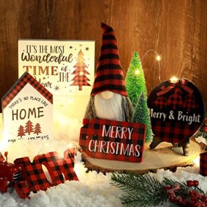 10 Pieces Farmhouse Decor for Tiered Tray, Black White Buffalo Plaid Gnome Wooden Mini Sign Rustic Table Ornaments with String Lights for Kitchen Table Decoration, Housewarming Gift (Plaid Style)