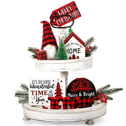 10 Pieces Farmhouse Decor for Tiered Tray, Black White Buffalo Plaid Gnome Wooden Mini Sign Rustic Table Ornaments with String Lights for Kitchen Table Decoration, Housewarming Gift (Plaid Style)