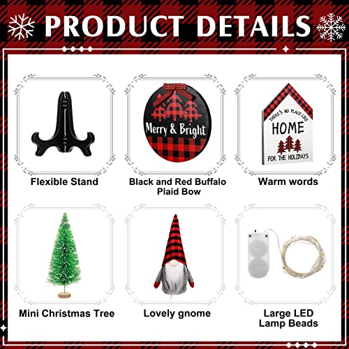 10 Pieces Farmhouse Decor for Tiered Tray, Black White Buffalo Plaid Gnome Wooden Mini Sign Rustic Table Ornaments with String Lights for Kitchen Table Decoration, Housewarming Gift (Plaid Style)