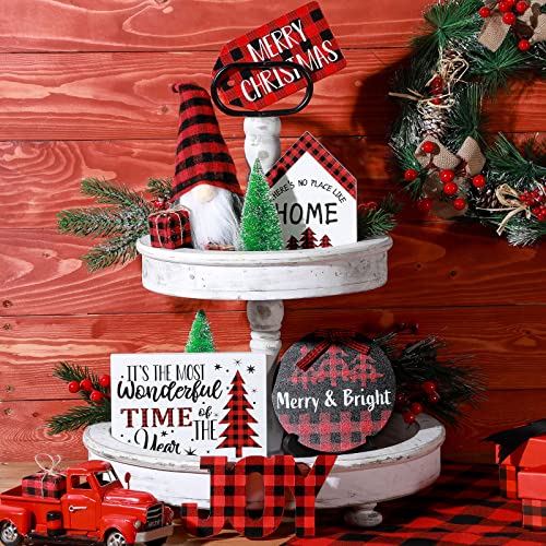 10 Pieces Farmhouse Decor for Tiered Tray, Black White Buffalo Plaid Gnome Wooden Mini Sign Rustic Table Ornaments with String Lights for Kitchen Table Decoration, Housewarming Gift (Plaid Style)