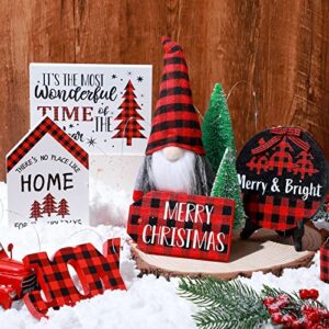 10 Pieces Farmhouse Decor for Tiered Tray, Black White Buffalo Plaid Gnome Wooden Mini Sign Rustic Table Ornaments with String Lights for Kitchen Table Decoration, Housewarming Gift (Plaid Style)