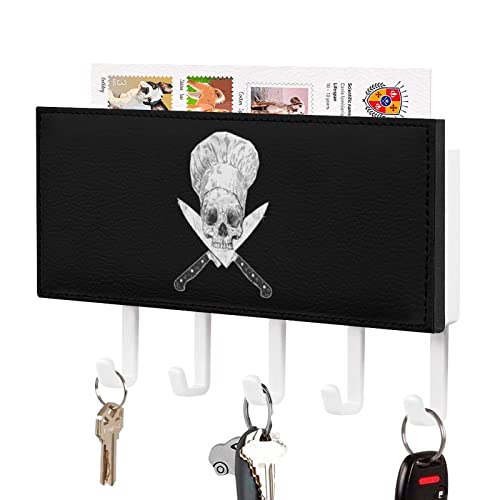 Skull-Chef Cooking Skull Funny Key Holder Wall Cute Decorative Mounted with Mail Shelf 5 Hooks for Home Office