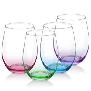 waipfaru wine glasses, 15 oz colored stemless wine glasses, set of 4 glasses for red or white wine, durable clear drinking glasses, short wine tumblers for gifts, party, home, office, bars