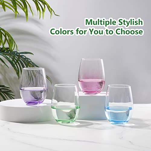 Waipfaru Wine Glasses, 15 oz Colored Stemless Wine Glasses, Set of 4 Glasses for Red or White Wine, Durable Clear Drinking Glasses, Short Wine Tumblers for Gifts, Party, Home, Office, Bars