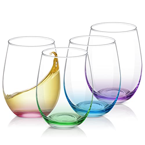 Waipfaru Wine Glasses, 15 oz Colored Stemless Wine Glasses, Set of 4 Glasses for Red or White Wine, Durable Clear Drinking Glasses, Short Wine Tumblers for Gifts, Party, Home, Office, Bars