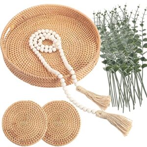 round rattan serving tray woven basket tray 13.8 inch wicker coffee table decorative tray with handles 2 pcs coasters 1 pcs rustic wood bead garland 24 pcs eucalyptus stems for wedding home decor