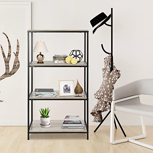 Acehome 4 Tier Bookshelf, 45" Tall Bookshelves and Bookcases, Industrial Bookcase Shelf Storage Organizer, Rustic Wood and Metal Standing Bookshelf for Living Room, Bedroom and Home Office, Grey