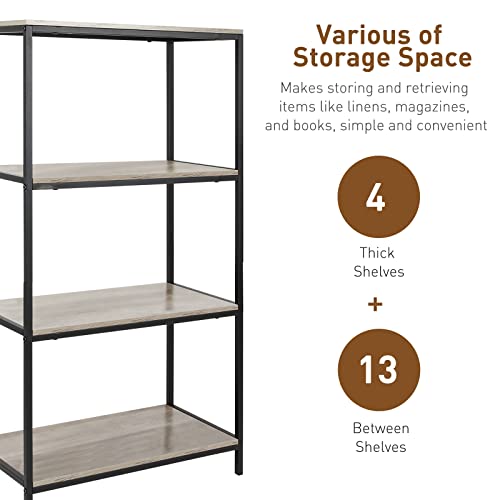 Acehome 4 Tier Bookshelf, 45" Tall Bookshelves and Bookcases, Industrial Bookcase Shelf Storage Organizer, Rustic Wood and Metal Standing Bookshelf for Living Room, Bedroom and Home Office, Grey