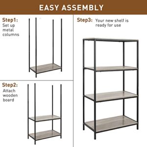 Acehome 4 Tier Bookshelf, 45" Tall Bookshelves and Bookcases, Industrial Bookcase Shelf Storage Organizer, Rustic Wood and Metal Standing Bookshelf for Living Room, Bedroom and Home Office, Grey