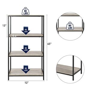 Acehome 4 Tier Bookshelf, 45" Tall Bookshelves and Bookcases, Industrial Bookcase Shelf Storage Organizer, Rustic Wood and Metal Standing Bookshelf for Living Room, Bedroom and Home Office, Grey