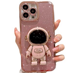 mgqiling compatible for iphone 12 pro max 6.7 inch bling plating astronaut hidden stand case, cute 6d stand glitter phone case for women girls soft tpu shockproof back cover - pink